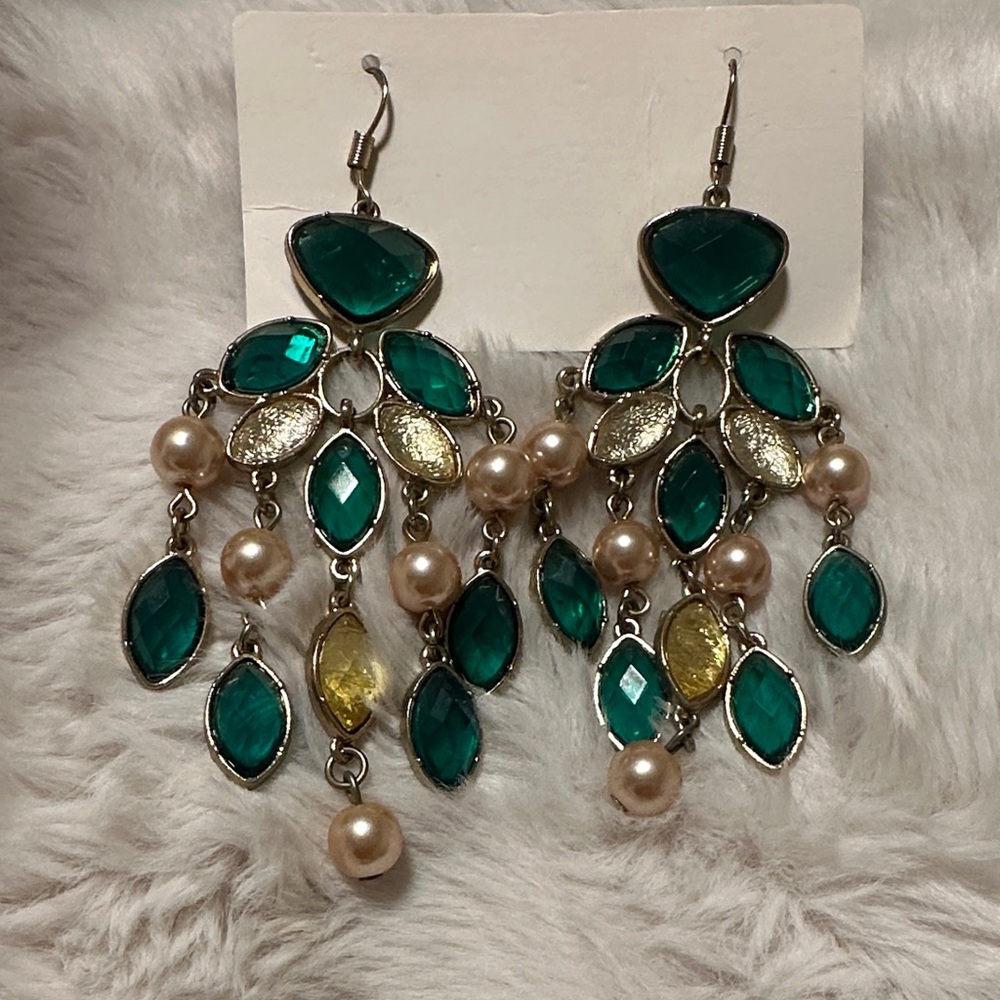 Elegant Green and Gold Chandelier Earrings